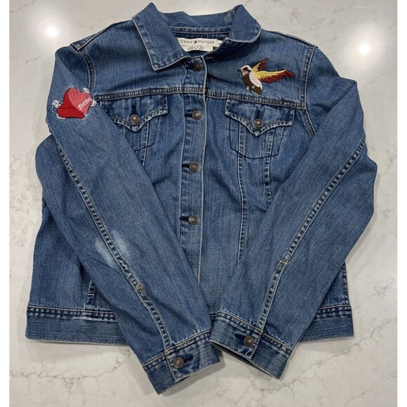 Tommy Hilfiger Womens Embroidered Y2K Jean Denim Jacket Distressed Sz L - Picture 9 of 14
